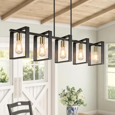 5-Light Black Gold Dining Room Light Fixture, 53’’ Farmhouse Wood Chandelier Kitchen Island Lighting Over Table, Modern Black Rectangular Hanging Pendant Light Fixture for Living Room, E26 Sockets
