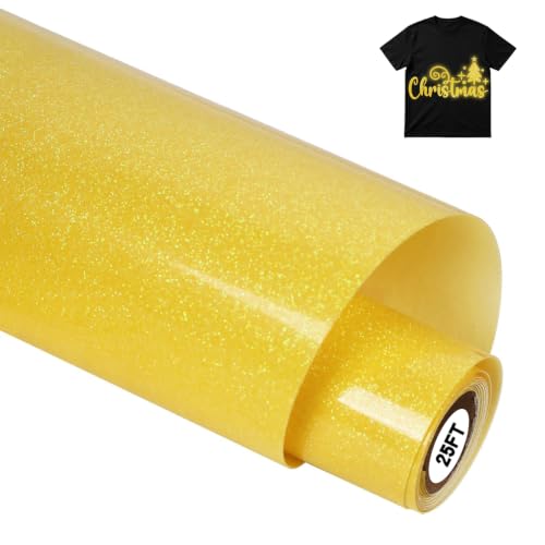 Image of guangyintong Heat Transfer Vinyl Glow Glitter HTV Rolls, Yellow 12 inch x 25ft