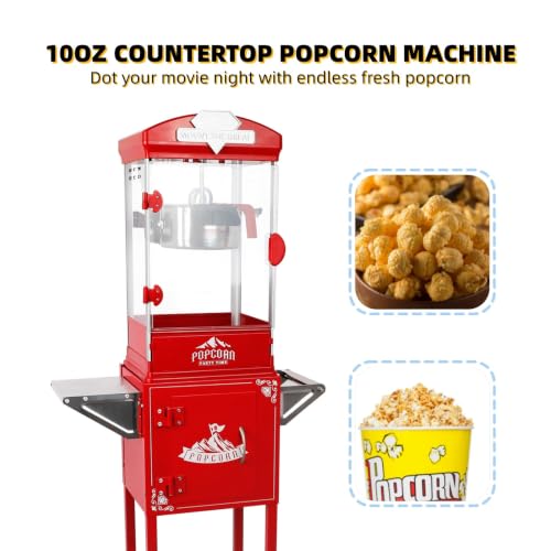 Image of Popcorn Machine with Cart, 10 Oz Kettle Makes Up to 3.5 Gallons, Vintage Popcorn Maker with Storage Cabinet & Scoop, Movie Theater Style Popper for Party, Red
