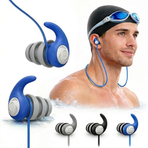 Swimming Ear Plugs for Adults with Lanyard 3 Pairs Waterproof Reusable Soft Silicone Swim Earplugs for Pool Surfing Diving Showering
