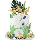 RASSLISA 16 PCS Gold Plastic Dinosaur Cake Toppers with Dinosaur Eggs Fossil Artificial Leaves fo Birthday Party Dinosaur Theme Party Supplies