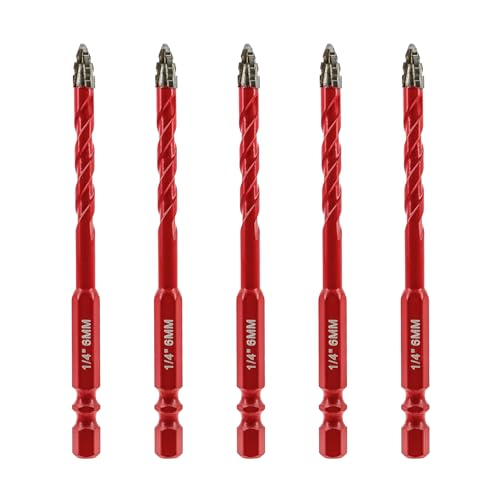 FOCSTOL Juego Brocas Seco - 5 piezas 6mm Juego Brocas Carburo con Cambio Rápido Mango Hexagonal para Madera Plástico Mampostería Cerámica Hormigón Mármol