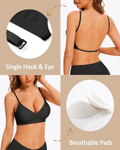 Image of Deep V Neck Backless Bras for Women Padded Bralette Push Up Seamless Wire-Free Low Back Bra Convertible Straps, Black, S