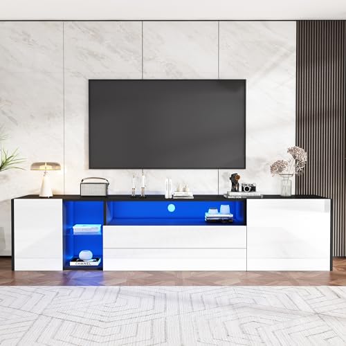 LAKFEW Mueble TV 180 cm de hasta 75 Pulgadas, Mueble TV Salon con Luz LED y 2 Cajones, Muebles TV con 2 Puertas y 2 Compartimentos de Almacenamiento, Muebles de Salon, 180x40x45 cm, Blanco + Negro