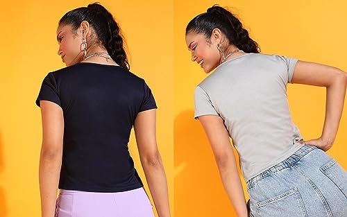 Image of POPWINGS Casual Solid V-Neck Short Sleeves Summer Wear Tops Combo for Women
