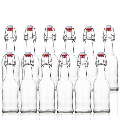 SureSave Beer Bottles with Easy Swing Cap | 16 Oz Clear Glass Bottle Set with Airtight Lid for Kombucha, Carbonated Drinks, Brewing, and Fermenting (12 Pack)
