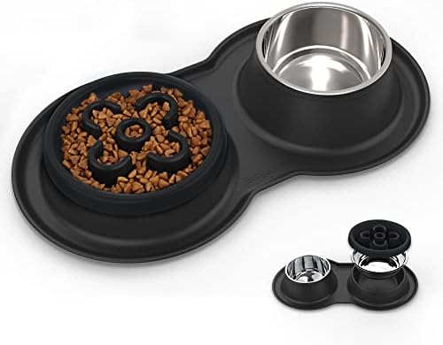 BurgeonNest Dog Bowl Slow Feeder,4 in 1 Dog Food and Water Bowl with Stand Slow Down Eating Dog Puzzle Bowl Set with Non-Skid Silicone Mat for Small Medium Dogs