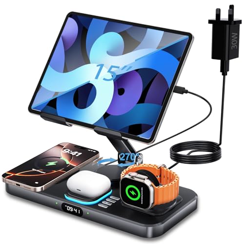 GLILAVOX Wireless Charger 6 in 1 Wireless Charging Station for iPhone17/16/15/14/13/12/11Series,iPad Stand,iWatch Series11/10/9/8/7/6/SE/5,Wireless Charging Station for Multiple Devices(Black)