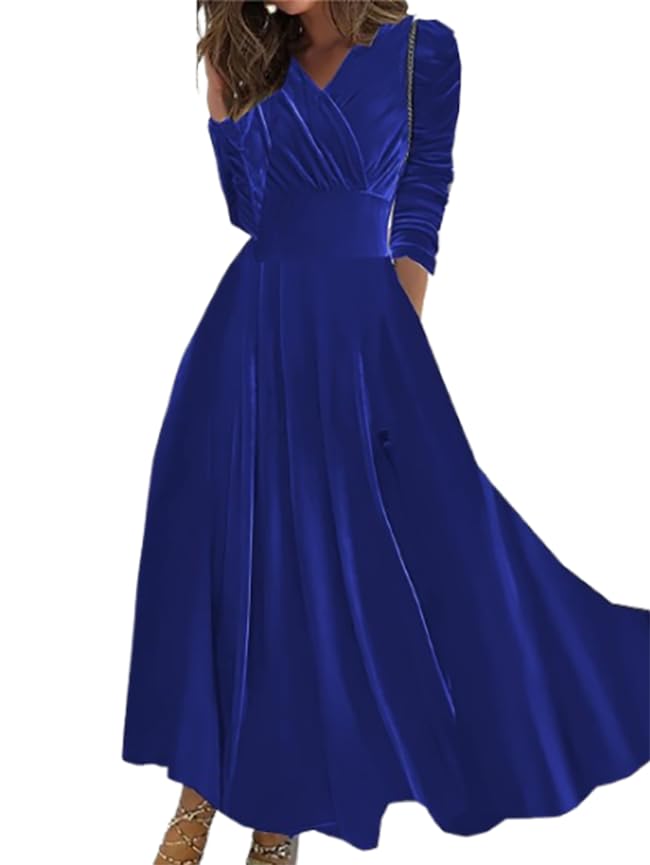 Women Velvet Swing Dress Long Sleeve V Neck Holiday Formal Maxi Dresses Fall Velour Wrap Party Cocktail Long Dress