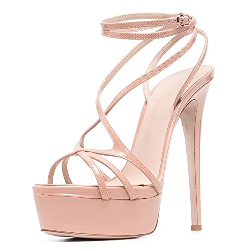Sandales À Talons Aiguilles Dames, Femmes Sandal À Plateforme Chaussures Danse De Boîte Nuit À Bout Ouvert, Chaussures Banquet en Cuir Verni Sexy À Talons Super Hauts De 16CM,Rose,40 EU Cover
