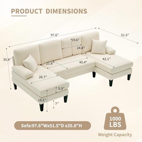 Image of 98 inch Sectional Couches for Living Room, U Shaped Couch with 18 inch Seat Height, 4 Seater Couch Set with Double Chaise for Apartment, Living Room Sofas, Corduroy, Beige