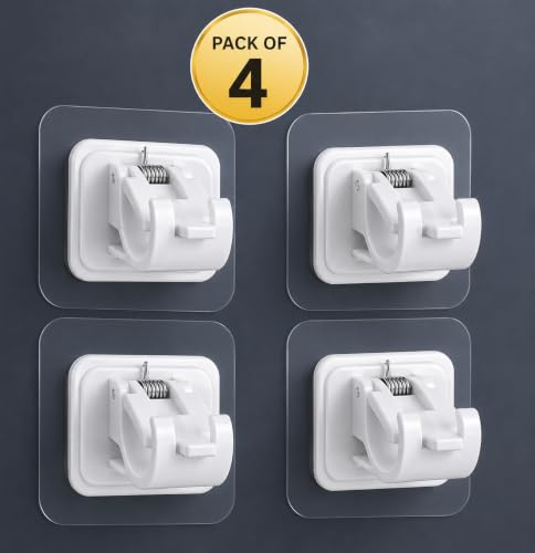 Image of 4 Pack Self Adhesive Curtain Rod Brackets White No Drill Curtain Rod Holder Hooks Heavy Duty Wall Mount Rod Supports for Home Bathroom Hotel Bedroom Window Curtains Without Screws or Drilling