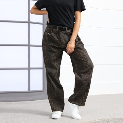 2024 Leopard Jeans for Women Trendy Y2k Straight Leg Cheetah Stretchy Grunge Denim High Waisted Wide Leg4
