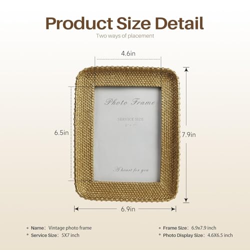 Vintage Gold 5x7 Picture Frame, Gold Metal Rattan Textured Hand-Crafted Photo Frame with Glass Front Antique Picture Frame for Tabletop Display & Wall Display, Retro Design Home Decor