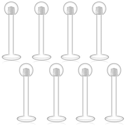 JFORYOU 8Pcs 16g Clear Acrylic Labret Monroe Lip Ring/Tragus/Helix Earring,6-12mm Bar Length 3mm Clear Balls Cover