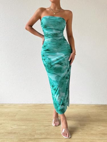 Image of LIGHT DOT Women's Summer Dress Printed Strapless Tube Bodycon Maxi Side Slit Mesh Layered