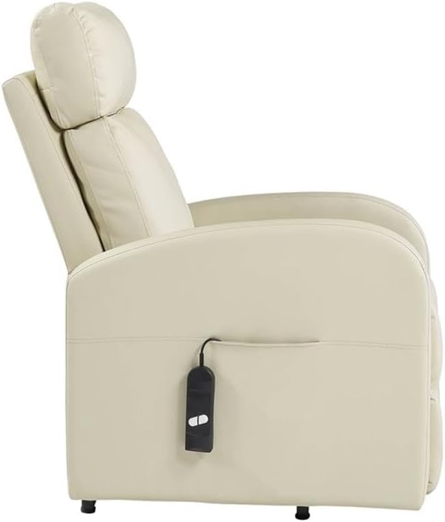 BOWERY HILL Contemporary Power Lift Recliner, Beige PU Upholstery, 28" W x 37" D x 40" H, Horizontal Tufted Back, Contrast Stitching, Wired Controller, Metal Lift Base, Comfortable Seating for Living