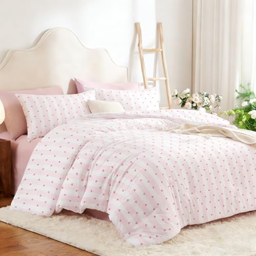 Tospass Herz Bettwäsche 135x200 Rosa Weiß Herzen Gestreift Bettwäsche Set – Ansicht 2