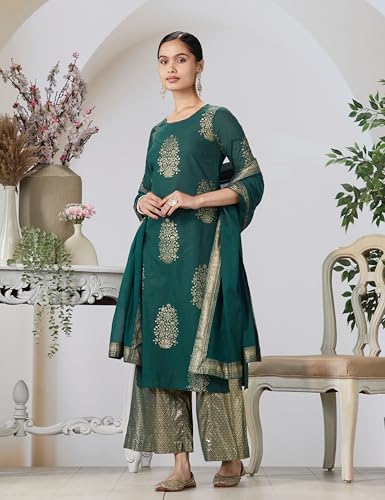 Image of BIBA Women Straight Cotton Straight Kurta Palazzo Suit Set