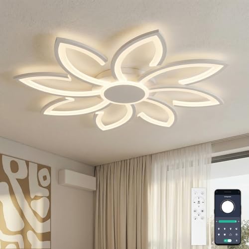 YUNLONG Wohnzimmerlampe Decke Modern Led Dimmbar, 80 cm Deckenlampe Wohnzimmer Gro&szlig;, 98W, 8000LM, Deckenleuchte mit Fernbedienung Blumen Form Design, f&uuml;r B&uuml;ro, Schlafzimmer, Wei&szlig;