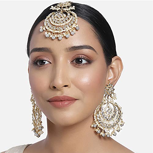 Image of Peora Traditional Jewellery Rhodium Kundan & Pearl Maang Tikka Earring Set for Women Girls