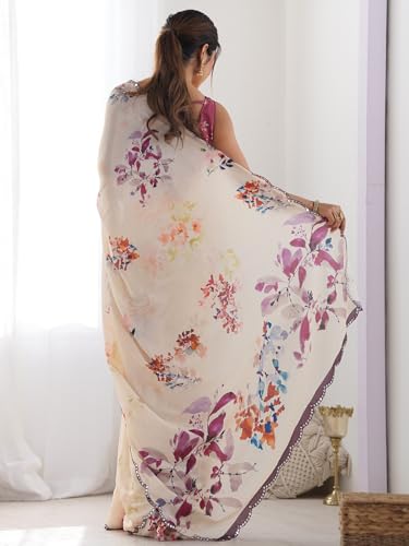 Image of Panzora Women's Chinon Printed Saree With Unstitched Blouse Piece