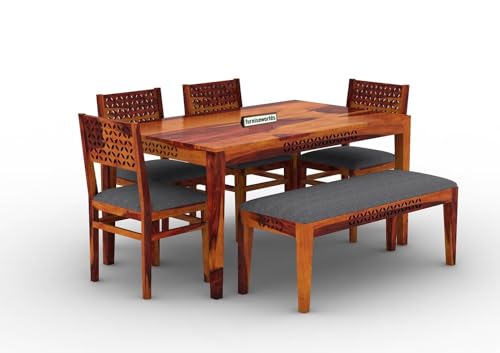 Image of Sheesham Wood 6 Seater Dining Table with Cushion Chair 6 Seater Wooden Dining Room Set Dinner Table Furniture for Living Room Home Restaurant (58x35x29 inch)