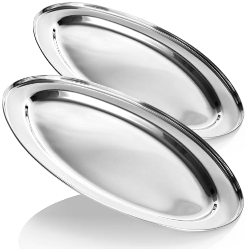 COM-FOUR® 2x Plateau de service en acier inoxydable - plateau ovale pour servir et décorer - plateau de service (45x29cm - 2 pièces)