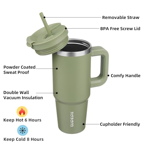 Image of BJPKPK 30 oz Stainless Steel Tumbler With Handle Insulated Tumblers With 2 Straw Travel Coffee Mug With Lid,Sage