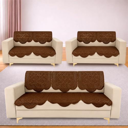 Image of Homerz Premium 'Surya Series' Sofa Cover | Stylish Sofa Protector | Net Fabric | Anti-Stain & Washable Slip Cover Exact Size Antislip (Flower Valley Brown, 7 (3+2+2) Seater, Seat Cover with Backrest)