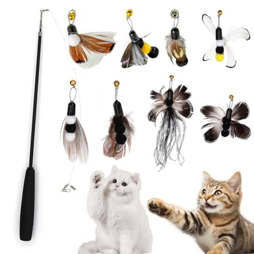 9 PCS Jouet Chat Plume, Jouets pour Chats à Plumes, 1 Rétractable Canne à Pêche Chat Jouet avec 8 Insecte Plumes de Recharges avec Clochettes, Interacti...