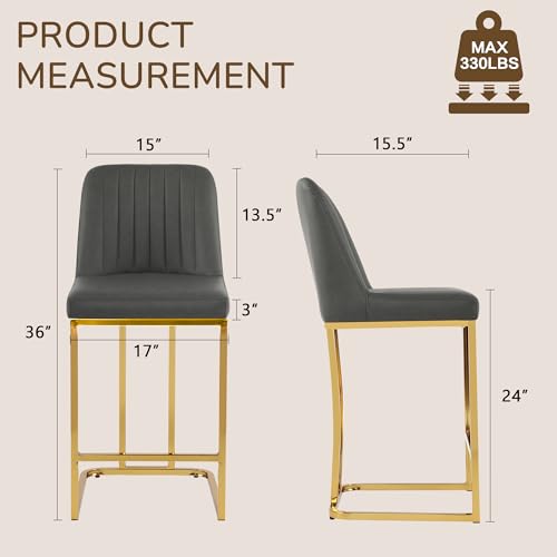 Image of LSSBOUGHT Counter Height Bar Stools Set of 4, Gray Counter Stools with Back and Gold Metal Frame,Modern Barstools with Footrest, Upholstered Pu Bar Chairs for Kitchen Island(4pcs,Dark Gray)