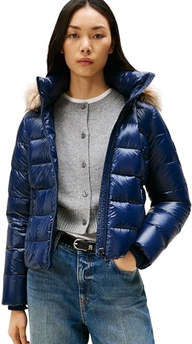 Tommy Hilfiger Damska GLOSS HW DOWN SLIM JACKET W FUR WW0WW47354 kurtka puchowa, niebieska, XL, Niebieski (Dark Night Navy), XL