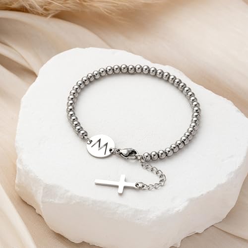 Image of Initial Cross Silvery Bracelets for Women Trendy, Initials Cross Charm Beaded Bracelet, Christian Gifts for Women, Baptism Confirmation Christmas Inspirational Gifts for Mom Daughter Friend Sister