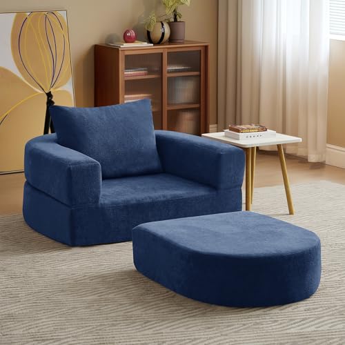 Folding Sofa Bed Chair, 2 in 1 Convertible Sofa to Lounger, High Density Foam Single Floor Sleeper Chair for Living Room, Apartment, Dorm, Small Spaces, Chenille Fabric and Wide Armrest, Blue