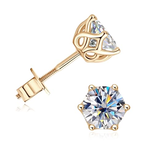 Moissanite Stud Earrings for Men, 10K Real Gold Earrings for Women, D Color VVS1 Round Cut 1CT/2CT Lab Created Solitaire Moissanite Earring Studs Solid Gold Screw Back, Jewelry Gift for Women Men