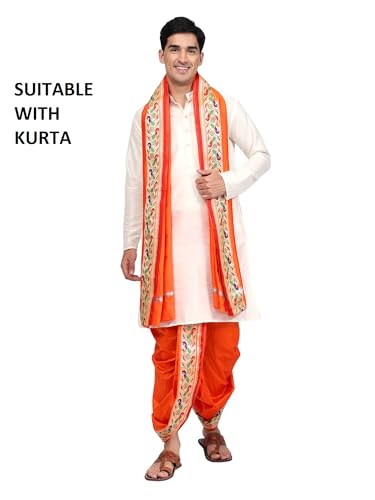 Image of Rameshwaram Fabrics Readymade Dhoti for Men, Velcro Style Stitched Mens Silk Dhoti Pant with Stole Set