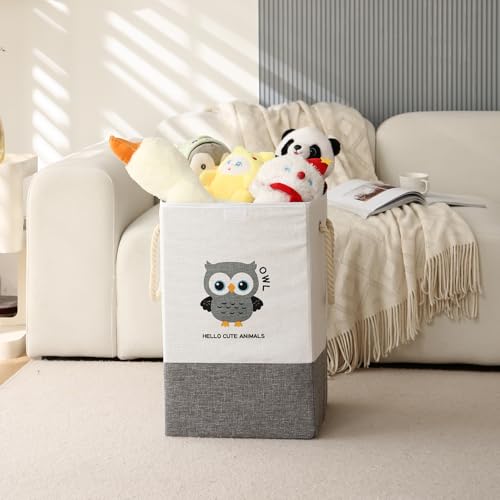 Image of HOKIPO Cardboard Foldable Laundry Basket for Clothes with Lid, Grey - Owl (AR-5317-GRY), 53cm, 35cm