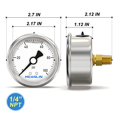 Image of MEANLIN MEASURE 0~100Psi Stainless Steel 1 /4 inch NPT 2.5 inch Single Scale FACE DIAL,Glycerin Filled Pressure Gauge, WOG Water Oil Air Back Mount, with 1 /2 inch NPT and 3 /8 inch NPT Hex Bushing