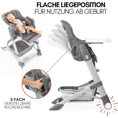hauck Baby Hochstuhl Grow Up mit Liegefunktion ab Geburt - Babystuhl mit Tisch, Rollen, klappbar, mitwachsend und höhenverstellbar - Grau Melange