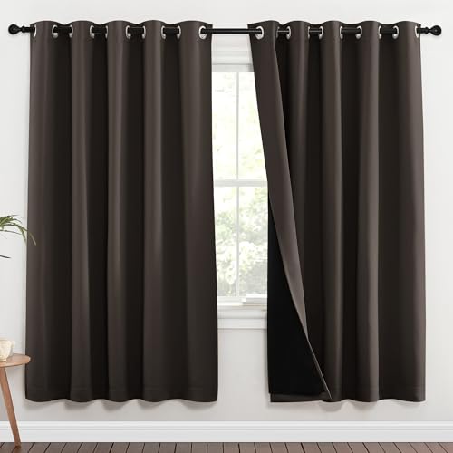 Image of NICETOWN 100% Blackout Window Curtain Panels, Brown, 2 Pieces, 62-inch Wide Per Panel, Full Light Blocking Drapes with Black Liner for Nursery, 72-inch Drop Thermal Insulated Draperies