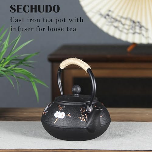 Image of Cast Iron Teapot SECHUDO Teapot for Stovetop Safe Coated with Enameled Interior,Japanese Beautiful Tea Kettle with Stainless Steel Infuser for Loose Tea (30.4oz Plum Blossoms and Bird Pattern)