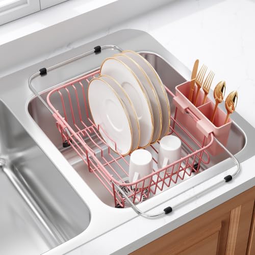 Image of JASIWAY Pink Dish Drying Rack in Sink with Utensil Holder, RV, Apartment
