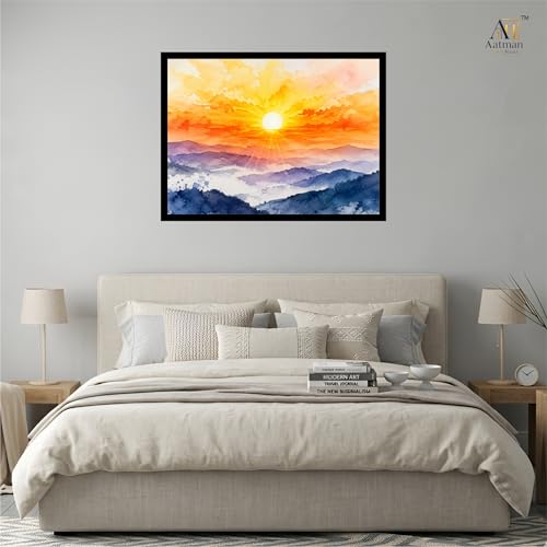 Image of Aatman ARTHaus Rising Sun Art Framed Luster Paper Painting, 18x24 in | Wall Art for Home Decor, Living Room, Bedroom & Office, D1