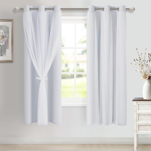 Image of DWCN White Blackout Curtains with Sheer Overlay with Tiebacks 63 Inch Long | Mix & Match Double Layer Window Panels for Bedroom Living Room Drape, Grommet Top, 38 inch Wx63 inch L, Set of 2