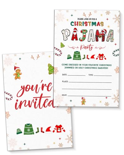 YLKJSTYS Christmas Pajama Party Invitations, Ugly Sweater Christmas Party Invitations, Xmas Holiday Invites (20 Cards with Envelopes) Double Sided Design