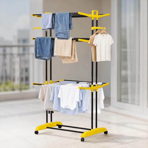 Image of BonKaso AirFold Plus 3-Tier Double Pole Foldable Clothes Drying Stand, Portable Heavy Duty Alloy Steel Laundry Rack with 360 Wheels and 8 Hanger Slots, for Indoor and Outdoor Use, Black & Yellow