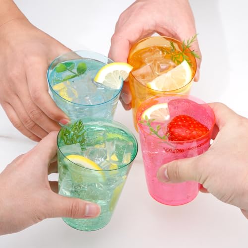 Image of DaYammi 100 Pack Colorful Plastic Cups 10 Oz Disposable Cups Neon Glowing Plastic Party Cup, Assorted Neon Colors for Wedding Wine Glasses Heavy Duty Disposable Tumblers Drinking Cocktail Glasses