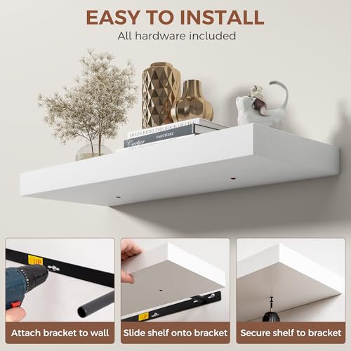 Image of Dreamland 30 Inch White Floating Shelves for Wall,8 Inch Deep Floating Shelves,30 inch W x 8 inch D Wall Shelves for Bedroom,Living Room, Kitchen,Bathroom,Set of 2