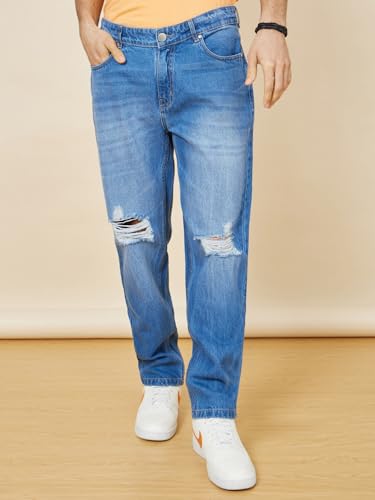 Image of Styli Men Regular Fit Rigid Mid Wash Cotton Denim Jeans | Comfortable High Waist Jeans for Men | Ideal for Casual, Office & Travel Wear